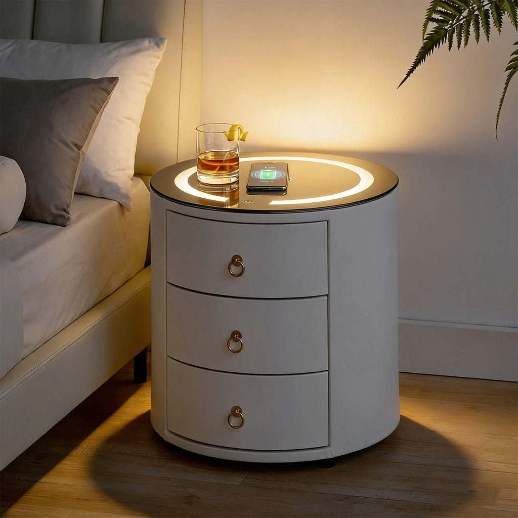 Brookline Smart Bedside Table | LED Light & Wireless Charging | White