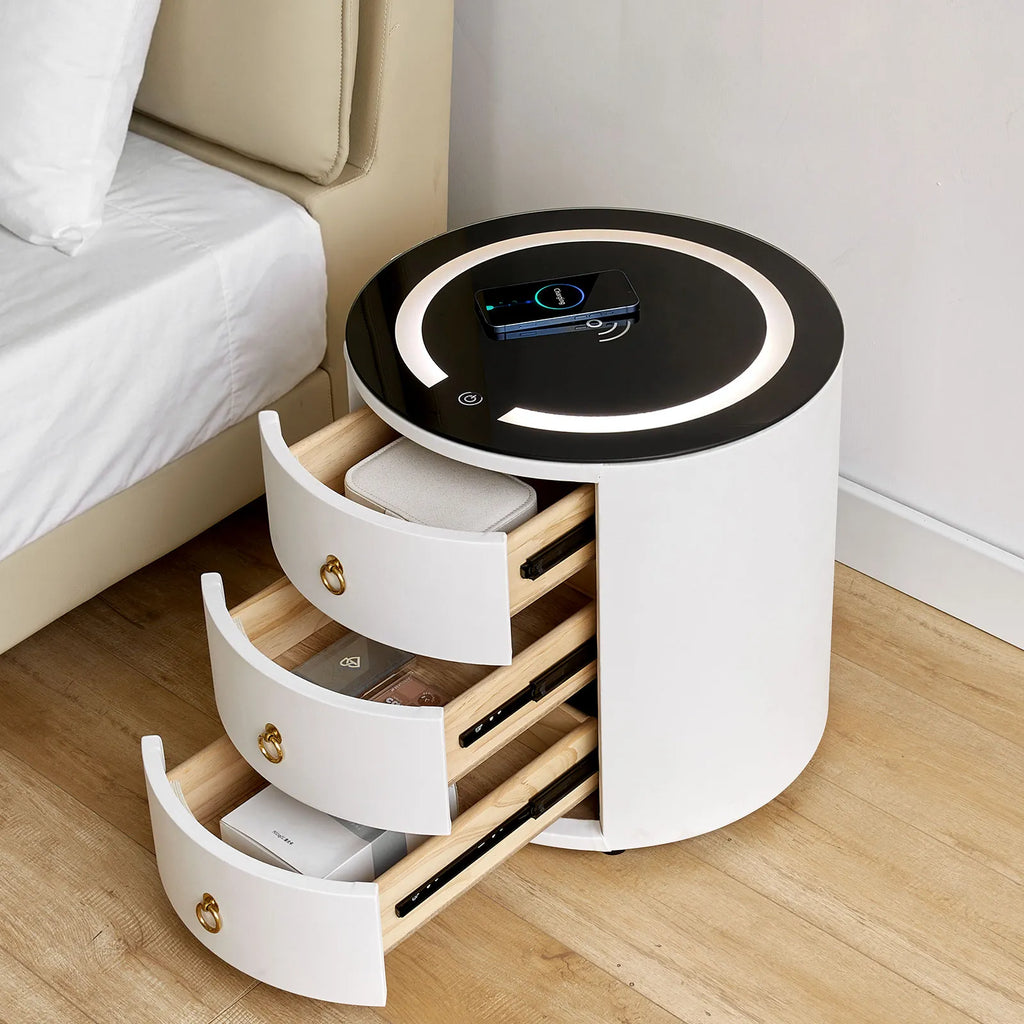 Brookline Smart Bedside Table | LED Light & Wireless Charging | White