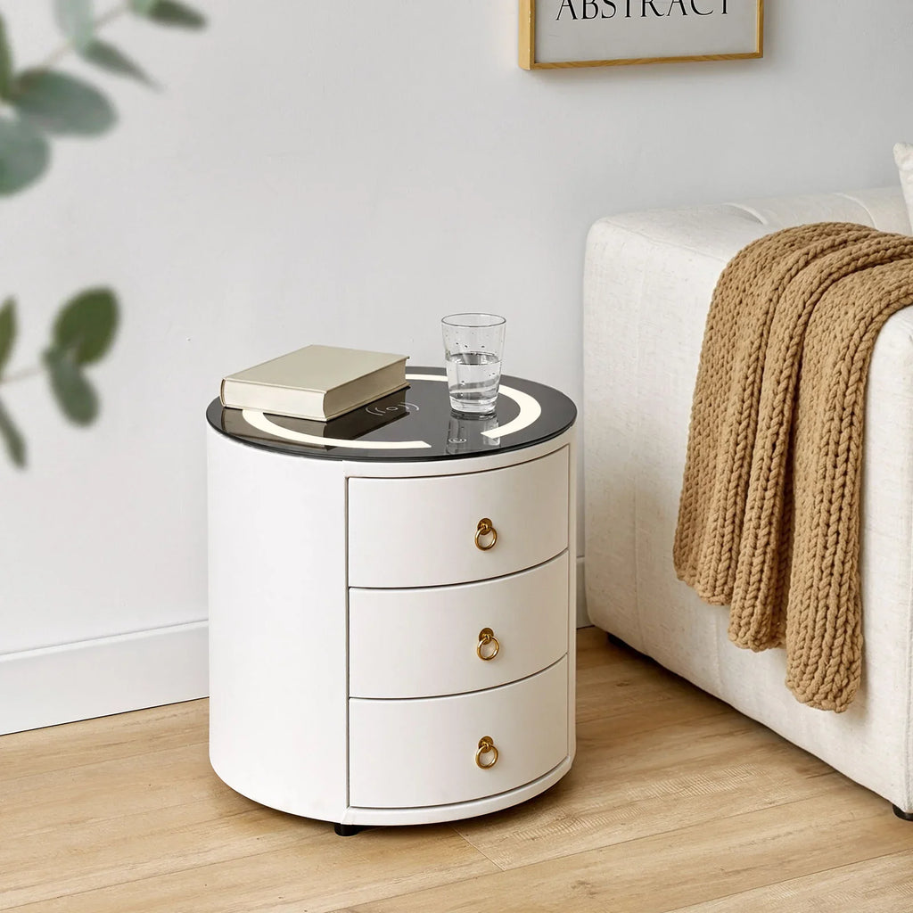 Brookline Smart Bedside Table | LED Light & Wireless Charging | White