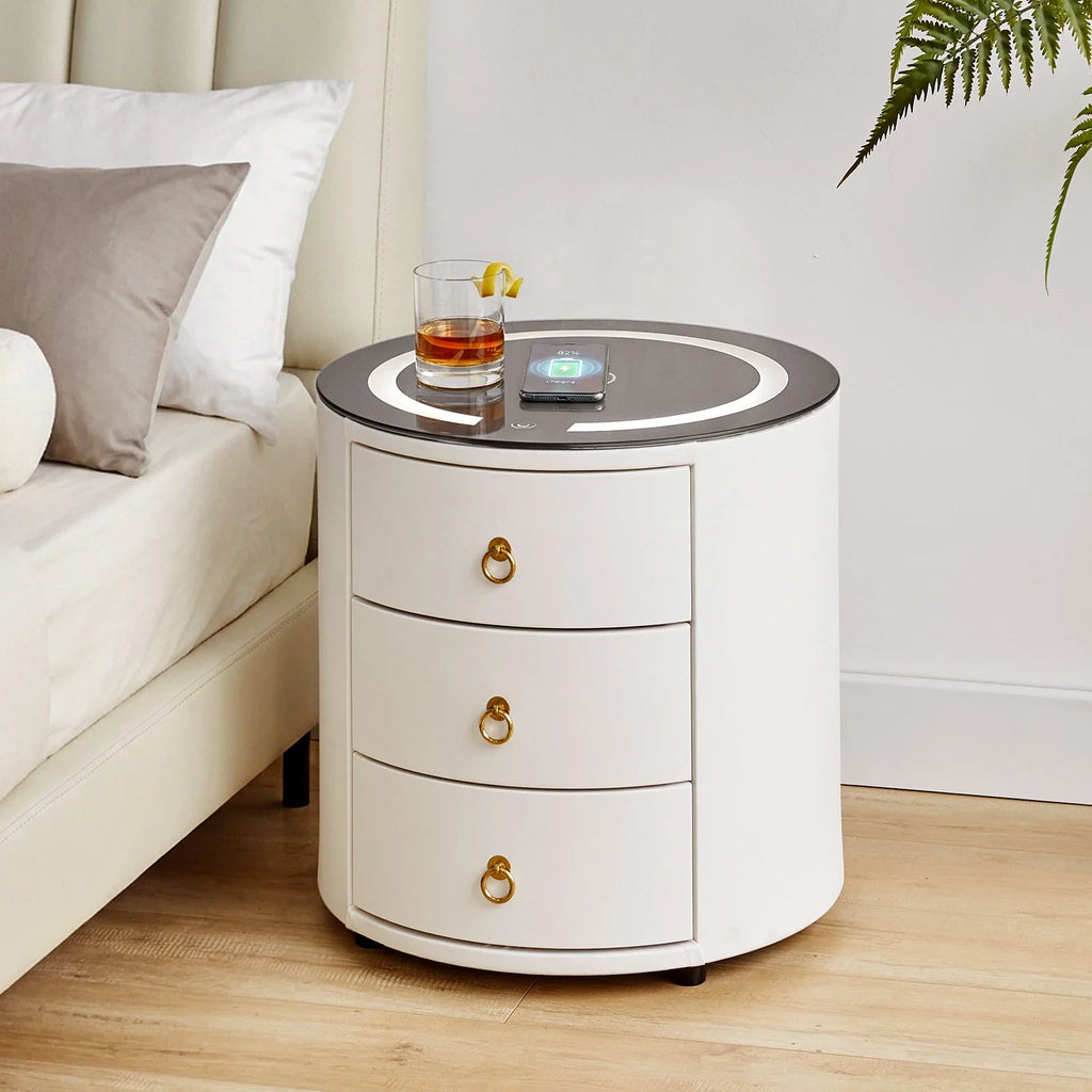Brookline Smart Bedside Table | LED Light & Wireless Charging | White