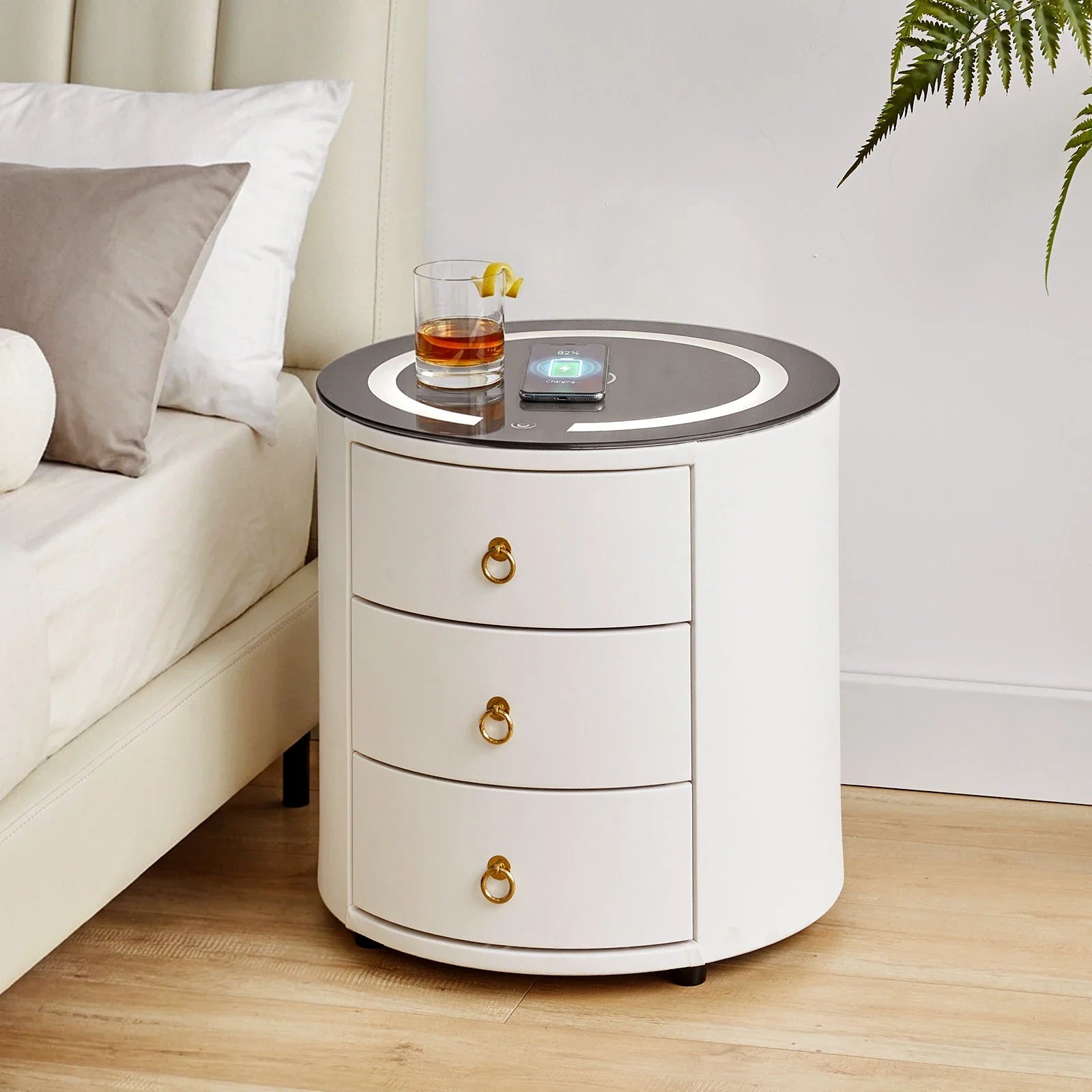 Brookline Smart Bedside Table | LED Light & Wireless Charging | White