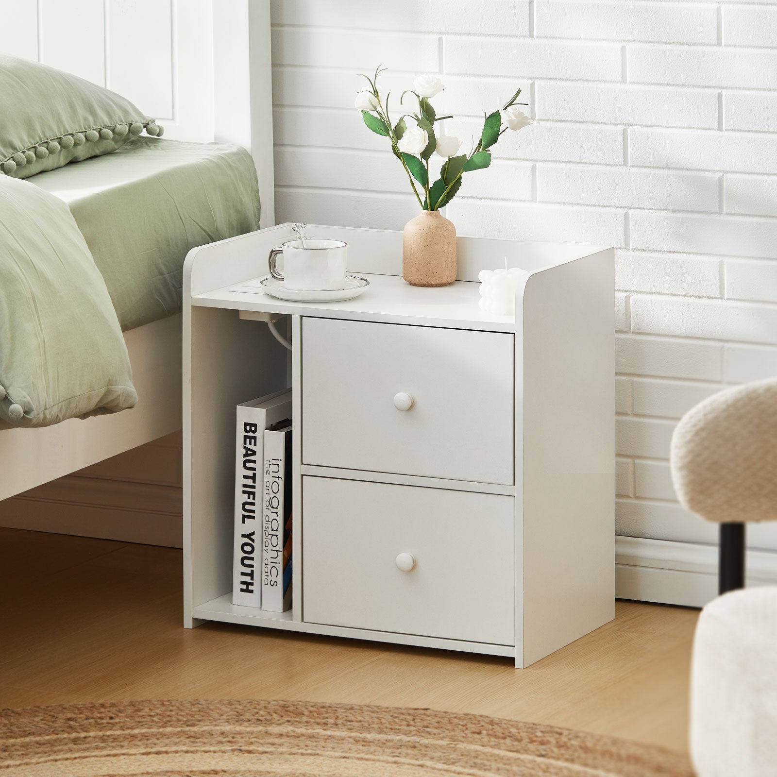 Carrelli Smart Bedside Table | RGB LED Lights | Wireless Charging | 2 Drawers | White