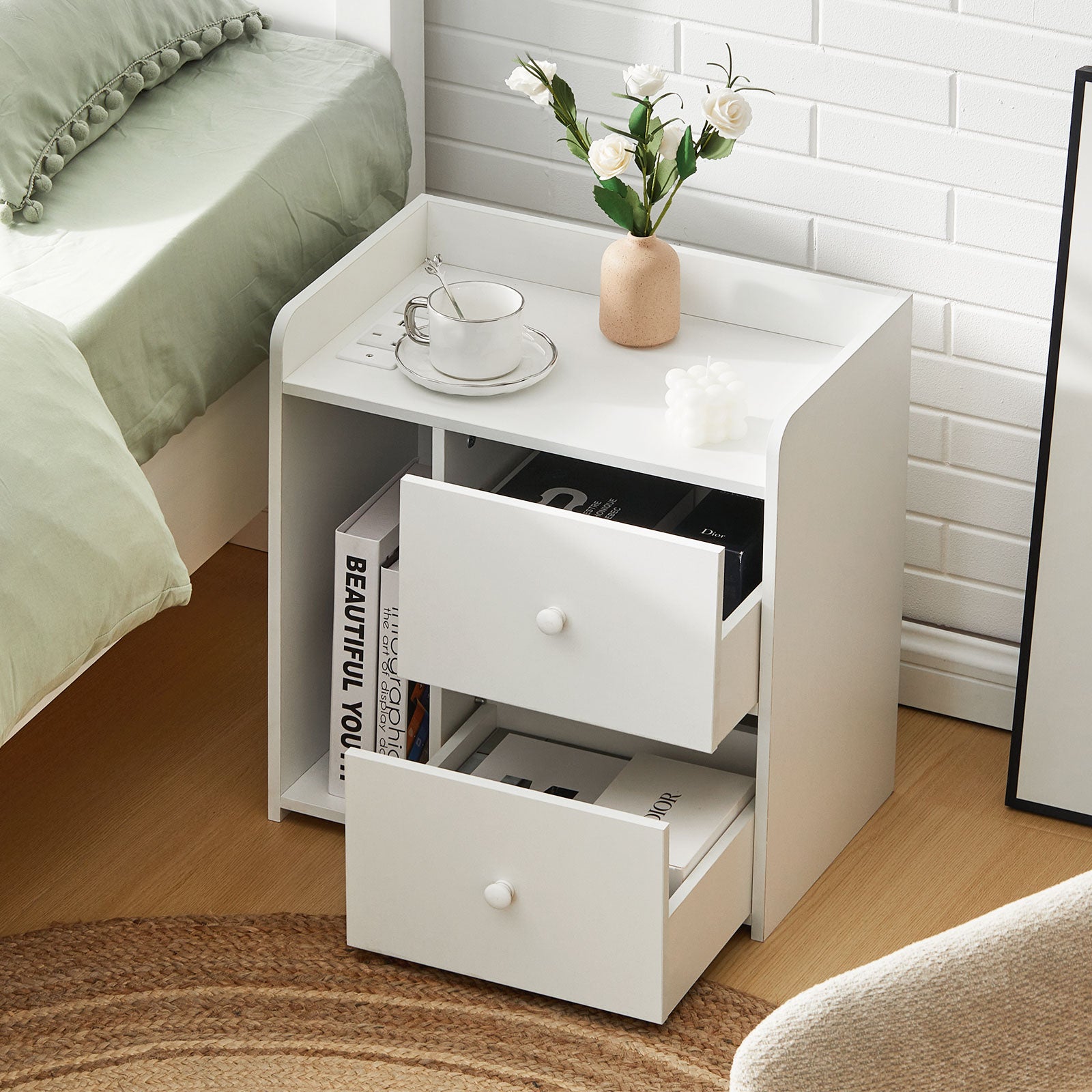Carrelli Smart Bedside Table | RGB LED Lights | Wireless Charging | 2 Drawers | White