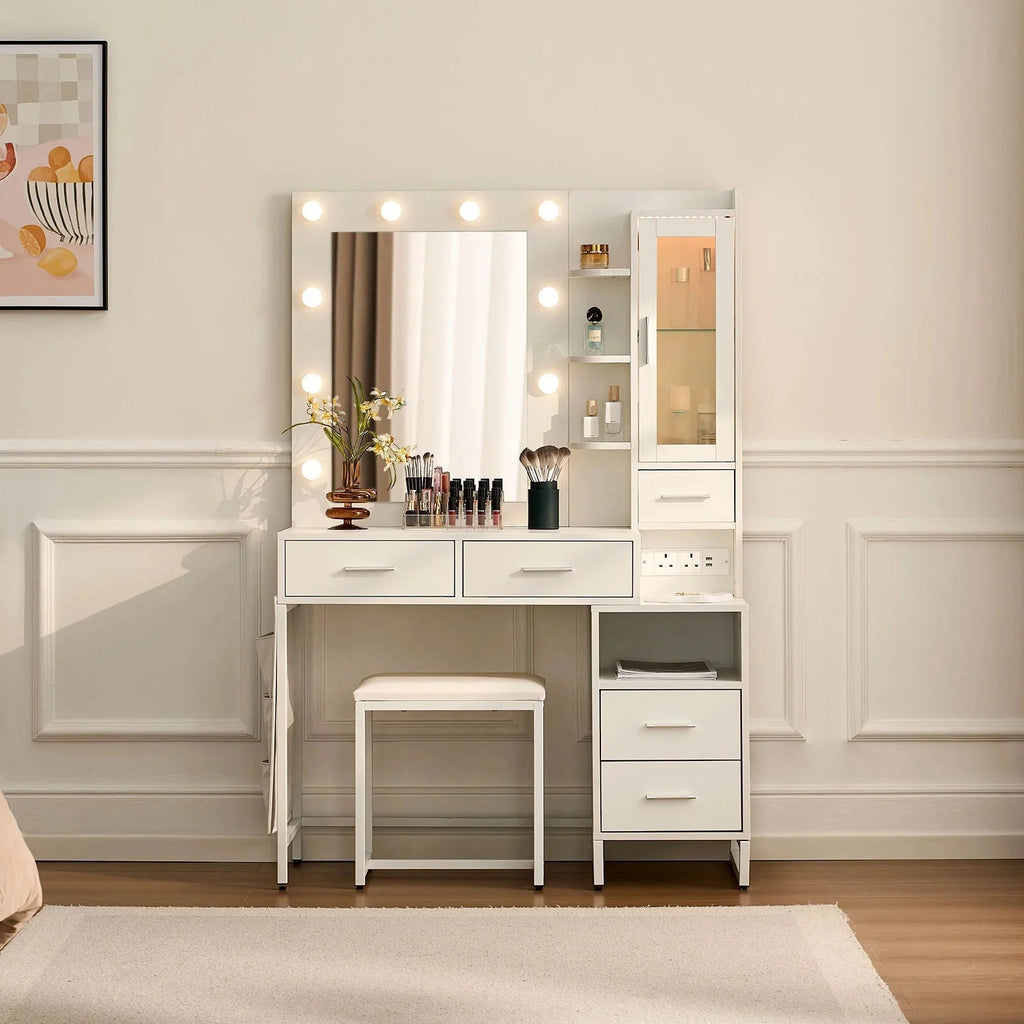 Cerina Dressing Table Set with RGB Lighting & Charging Station | White