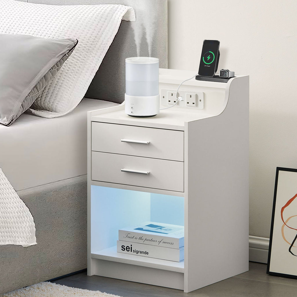 Claria Smart Bedside Table | RGB LED Lights | Wireless Charging | 2 Drawers | White