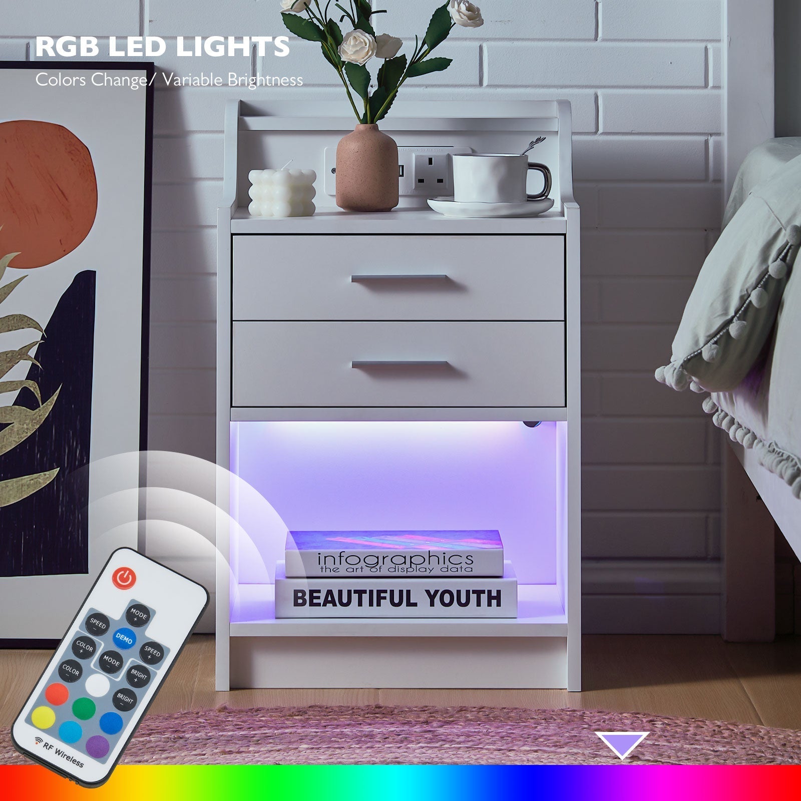 Claria Smart Bedside Table | RGB LED Lights | Wireless Charging | 2 Drawers | White