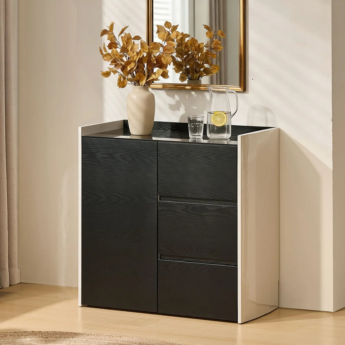 Dakota Dining Sideboard | Black & White Contrast | Glass Top | 3 Drawers | Small