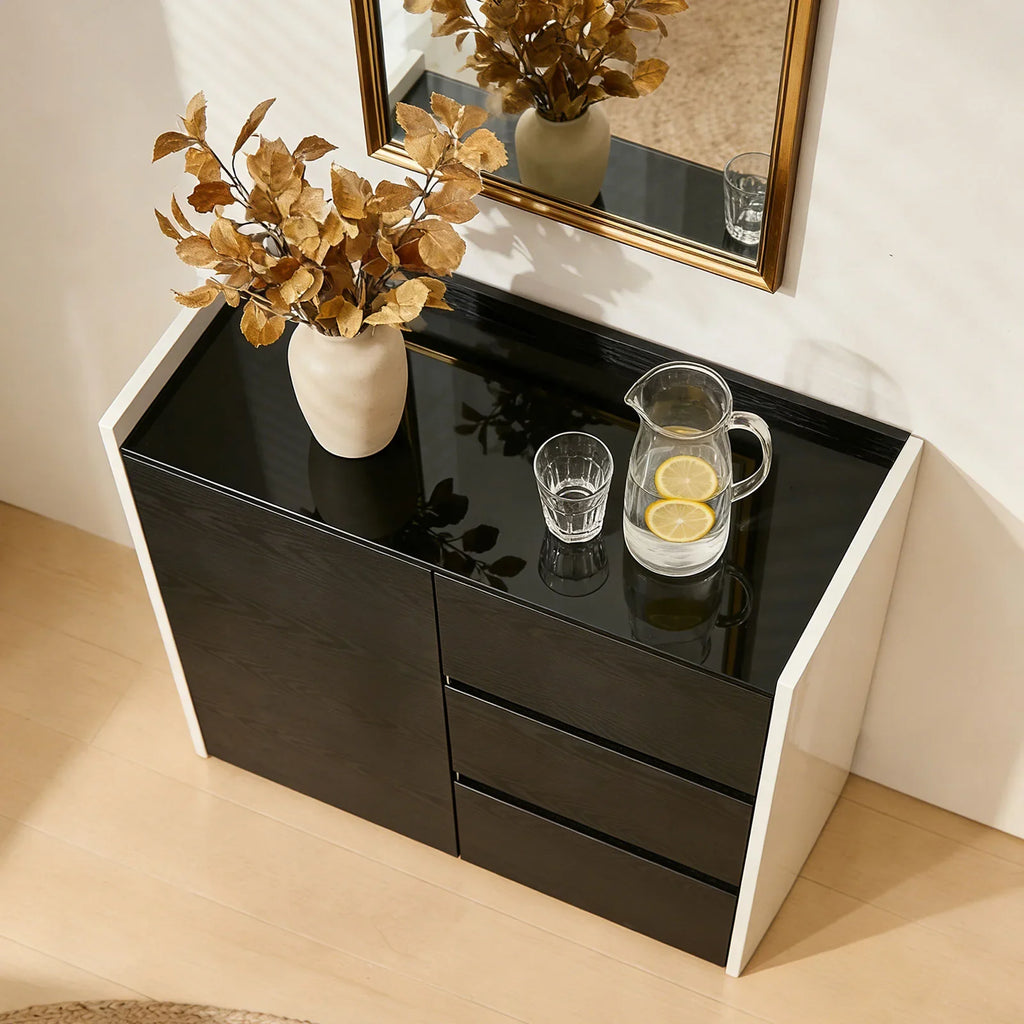 Dakota Dining Sideboard | Black & White Contrast | Glass Top | 3 Drawers | Small