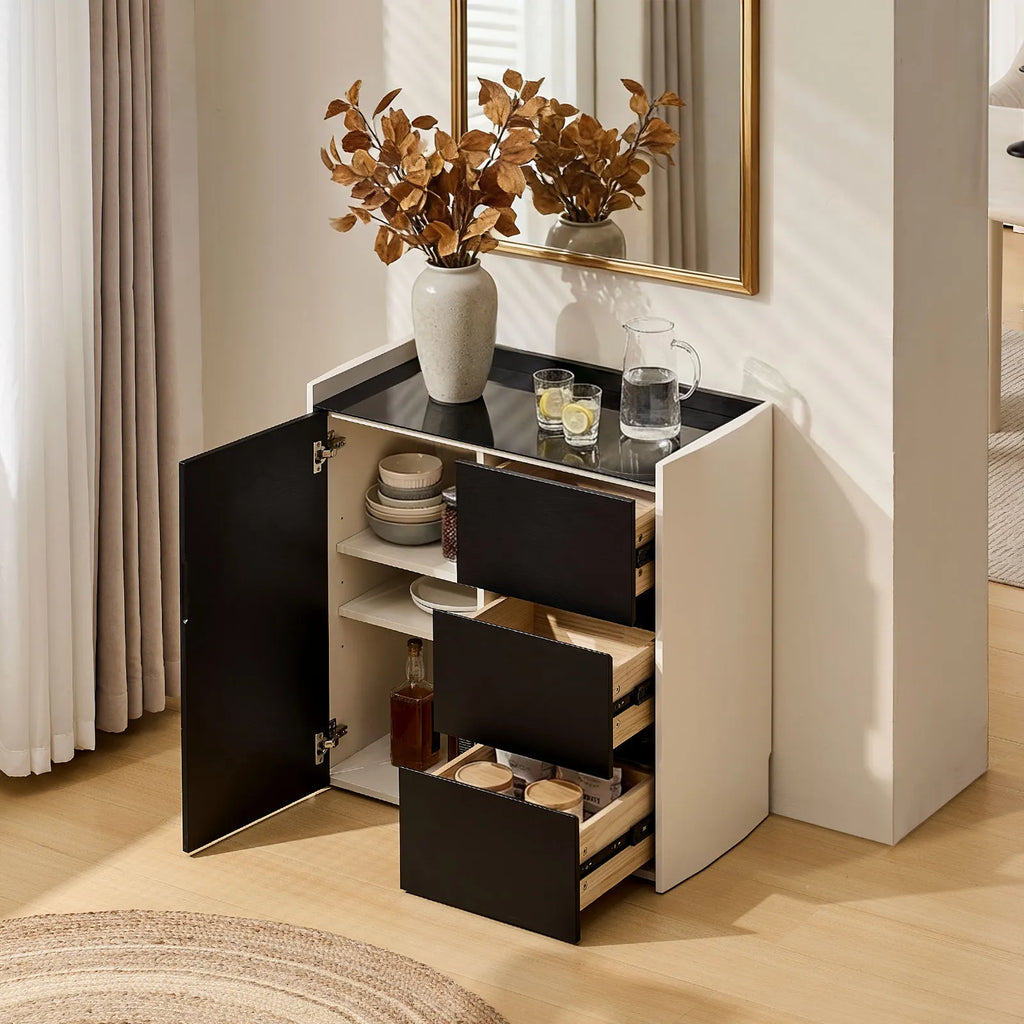 Dakota Dining Sideboard | Black & White Contrast | Glass Top | 3 Drawers | Small