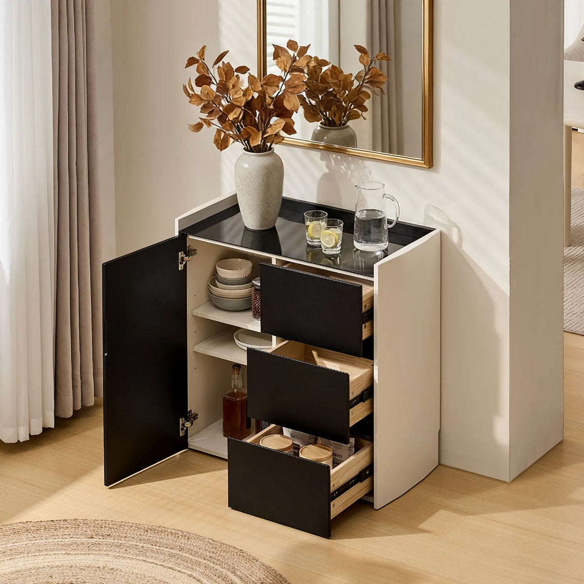 Dakota Dining Sideboard | Black & White Contrast | Glass Top | 3 Drawers | Small