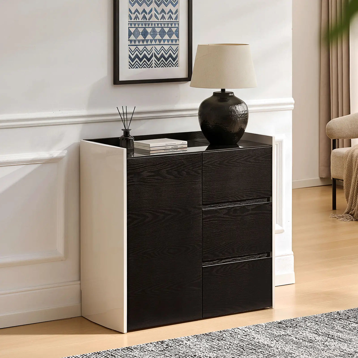 Dakota Dining Sideboard | Black & White Contrast | Glass Top | 3 Drawers | Small