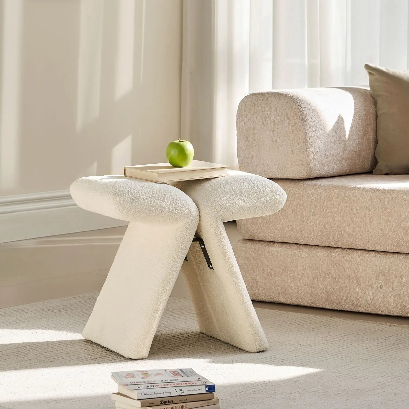 Faye Bouclé Vanity Stool | Butterfly Design | No Assembly | Cream