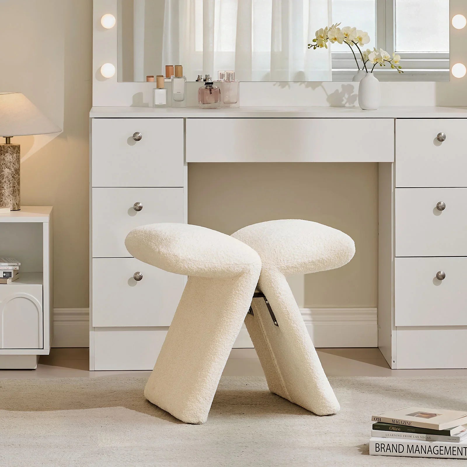 Faye Bouclé Vanity Stool | Butterfly Design | No Assembly | Cream
