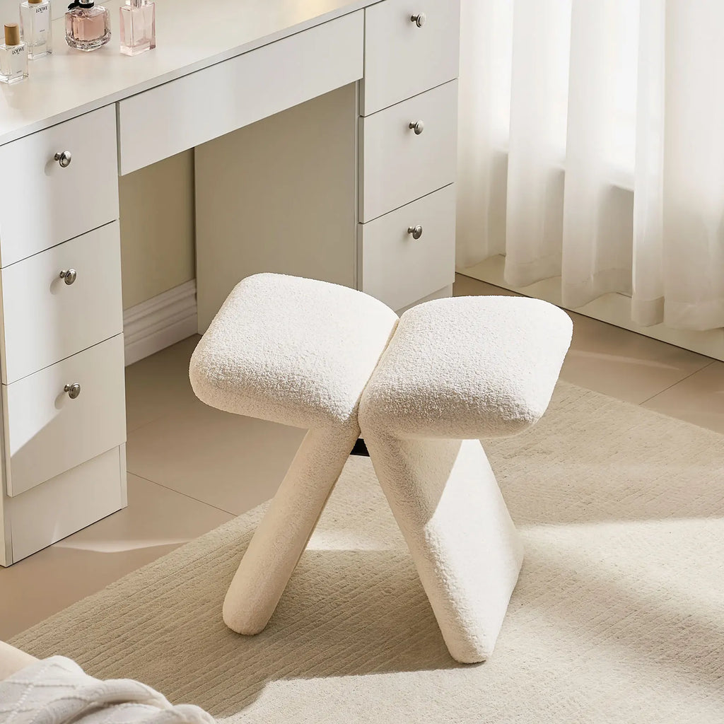 Faye Bouclé Vanity Stool | Butterfly Design | No Assembly | Cream