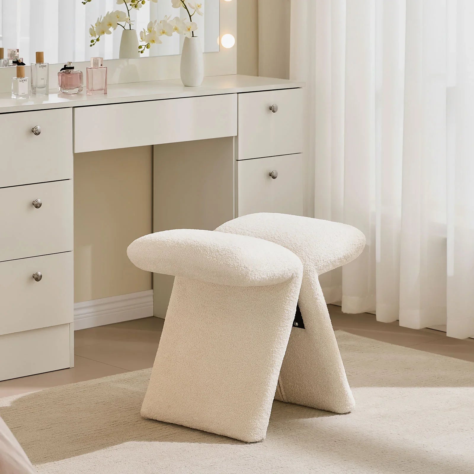 Faye Bouclé Vanity Stool | Butterfly Design | No Assembly | Cream