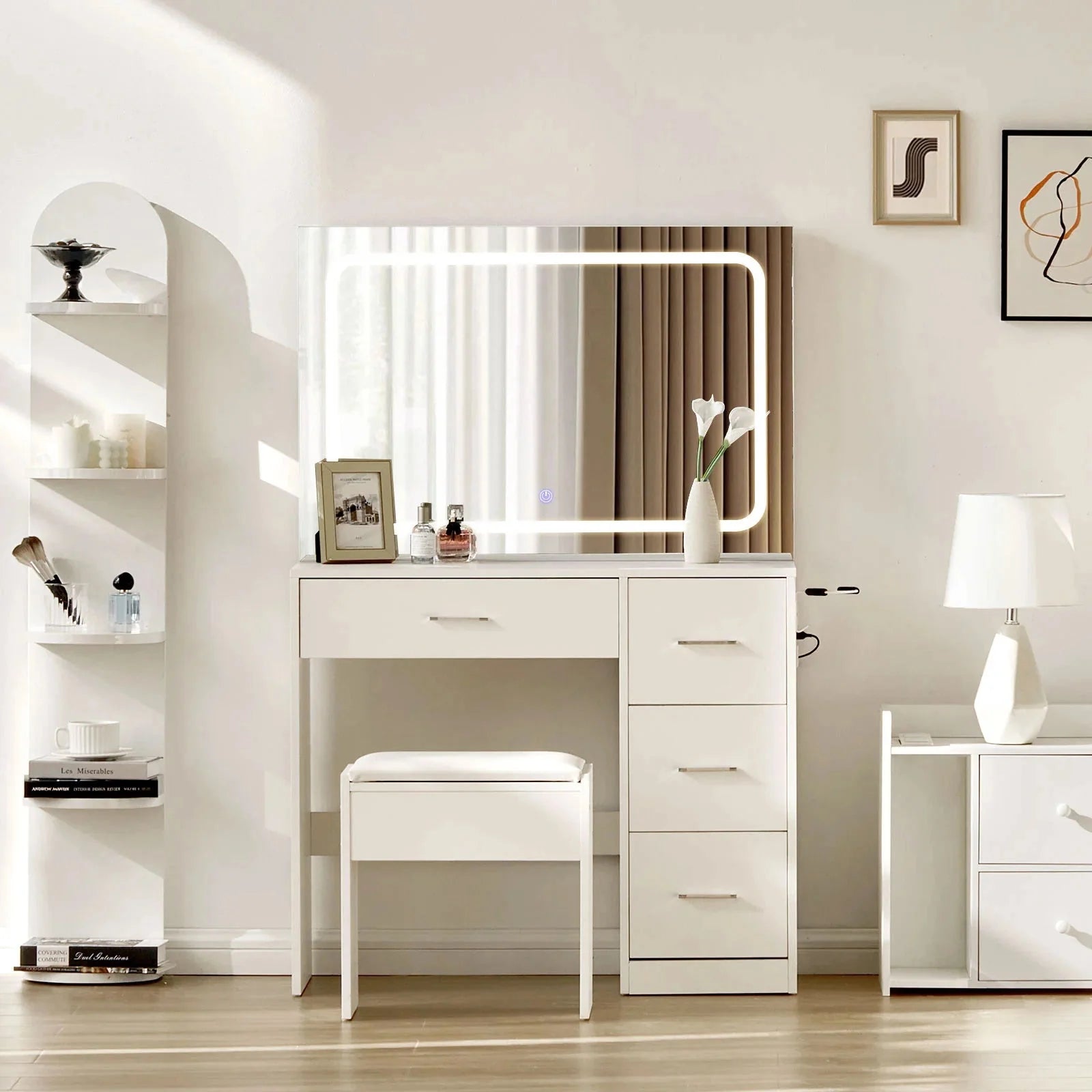Luna Hollywood Dressing Table Set | LED Strip Light | Hairdryer Holder | 4 Drawers | White