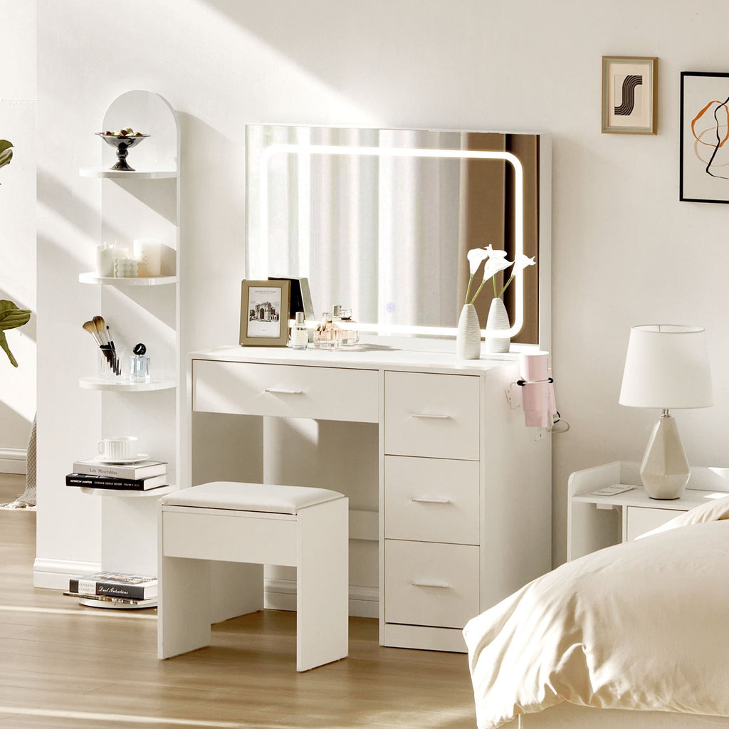 Luna Hollywood Dressing Table Set | LED Strip Light | Hairdryer Holder | 4 Drawers | White