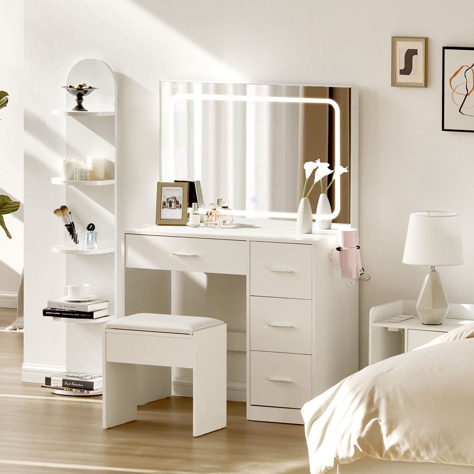 Luna Hollywood Dressing Table Set | LED Strip Light | Hairdryer Holder | 4 Drawers | White