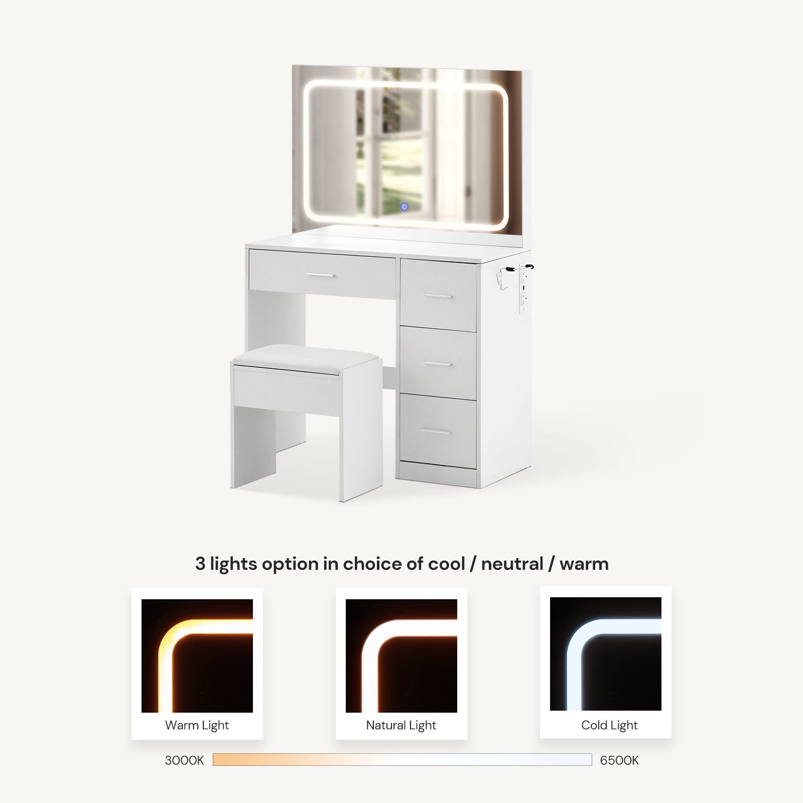 Luna Hollywood Dressing Table Set | LED Strip Light | Hairdryer Holder | 4 Drawers | White