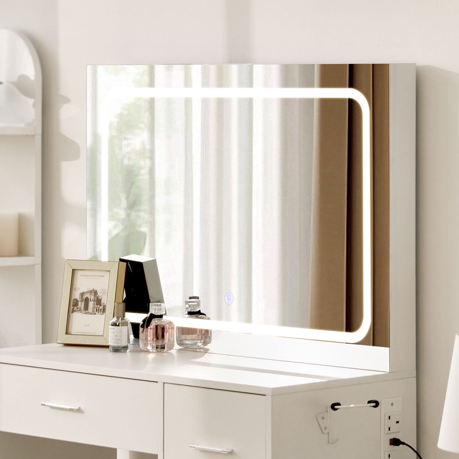Luna Hollywood Dressing Table Set | LED Strip Light | Hairdryer Holder | 4 Drawers | White