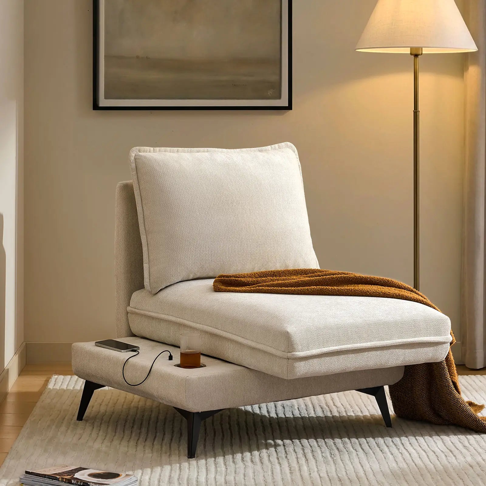 Hudson Modular Sofa | 90° Rotating Base | USB Charging | 5-Position Backrest | Cream Chenille