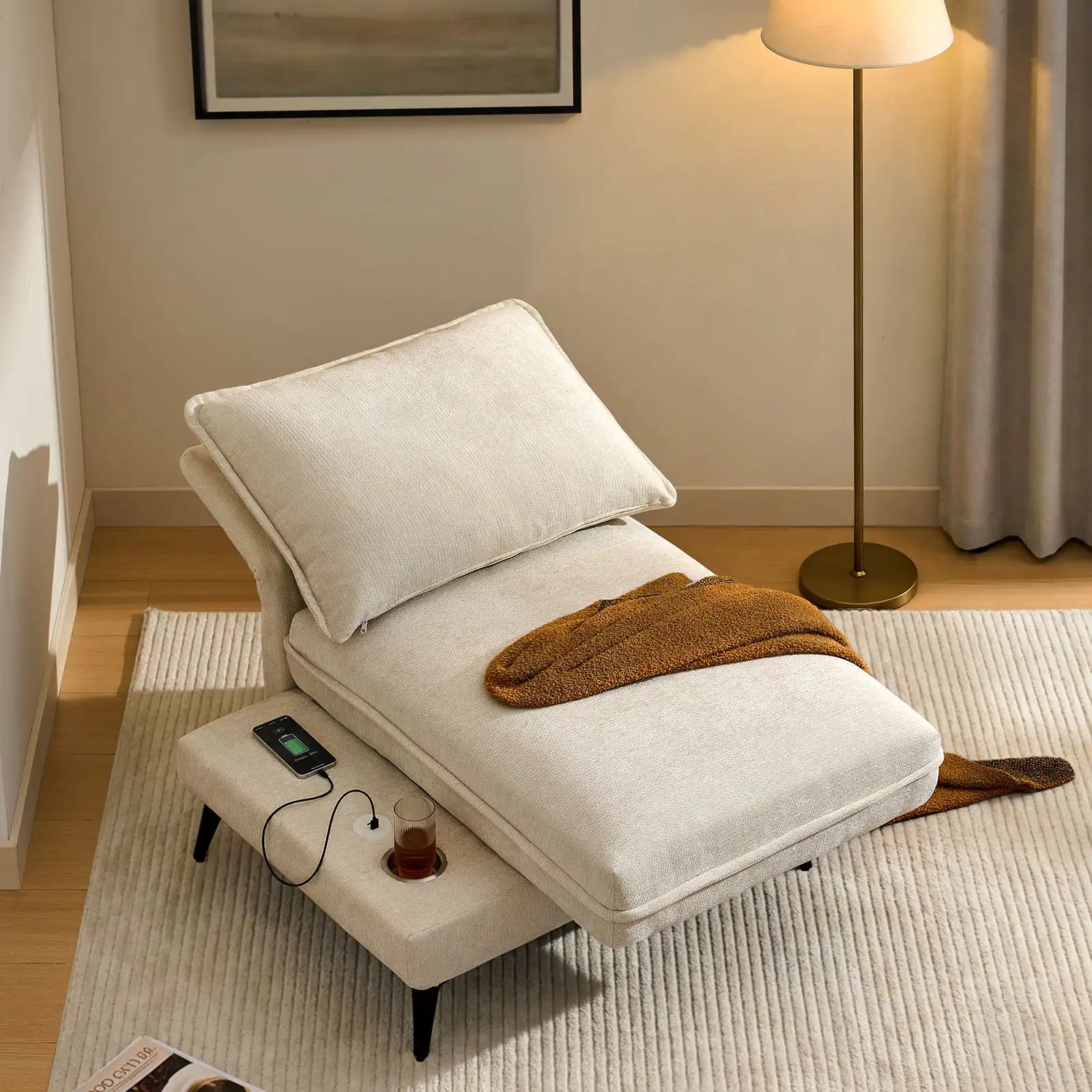 Hudson Modular Sofa | 90° Rotating Base | USB Charging | 5-Position Backrest | Cream Chenille