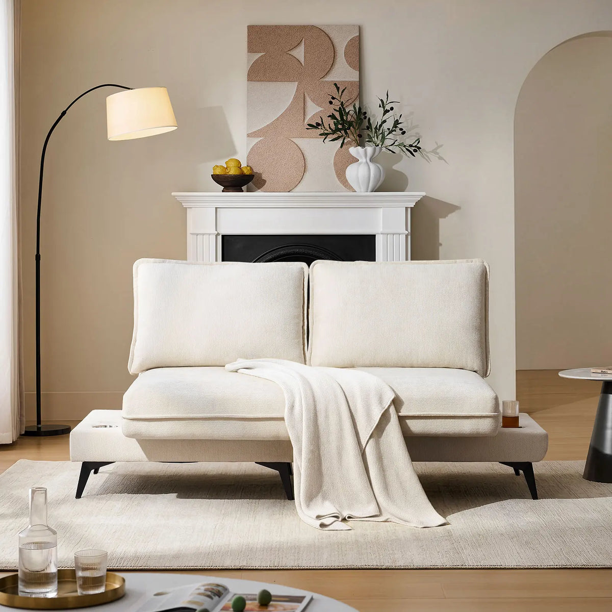 Hudson Modular Sofa | 90° Rotating Base | USB Charging | 5-Position Backrest | Cream Chenille
