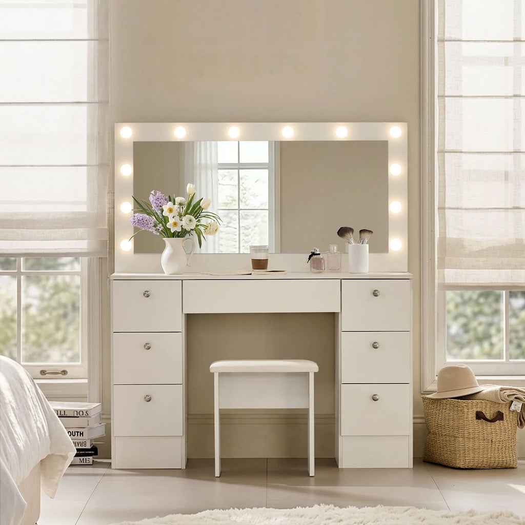 Modena Hollywood Dressing Table Set | 12 LED Bulbs | 7 Drawers | White