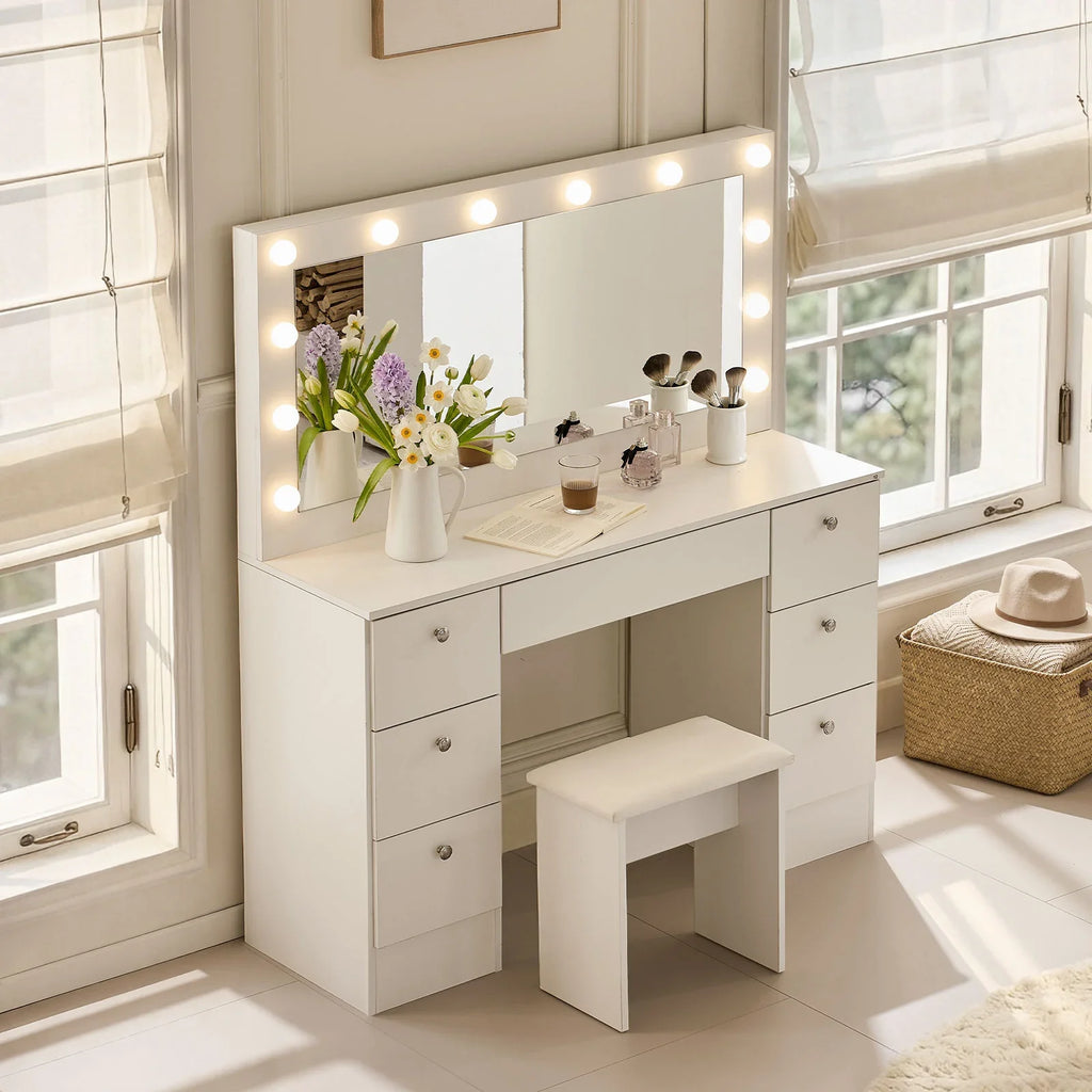 Modena Hollywood Dressing Table Set | 12 LED Bulbs | 7 Drawers | White