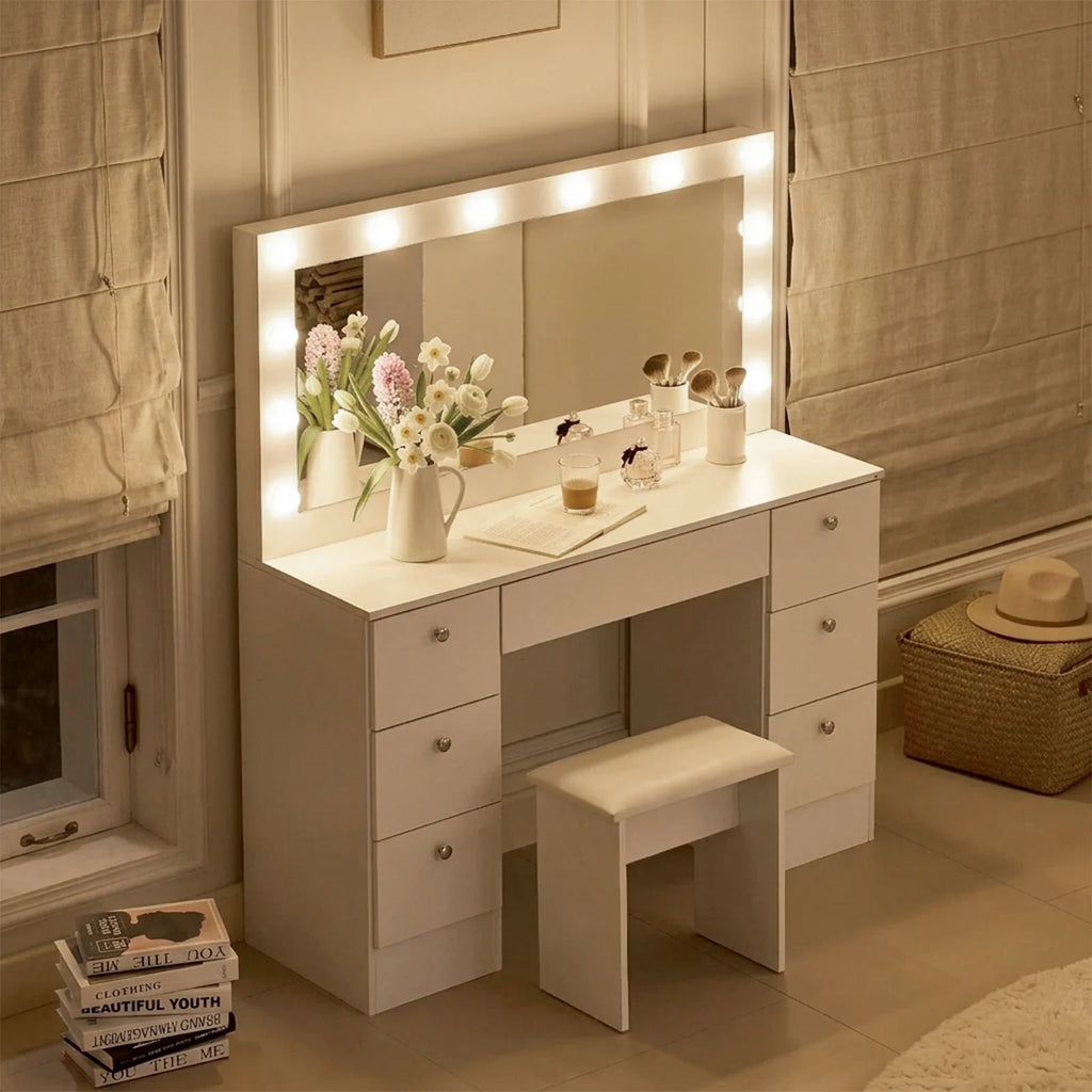 Modena Hollywood Dressing Table Set | 12 LED Bulbs | 7 Drawers | White
