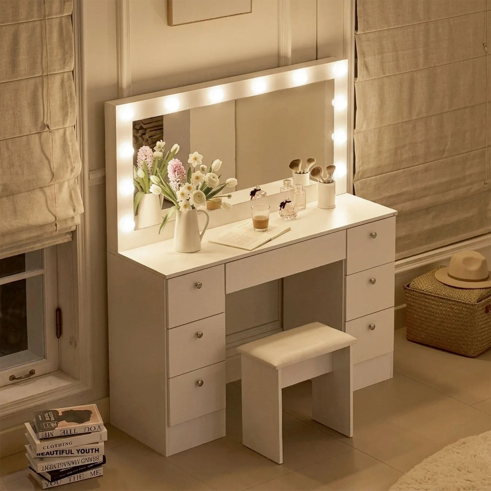 Modena Hollywood Dressing Table Set | 12 LED Bulbs | 7 Drawers | White