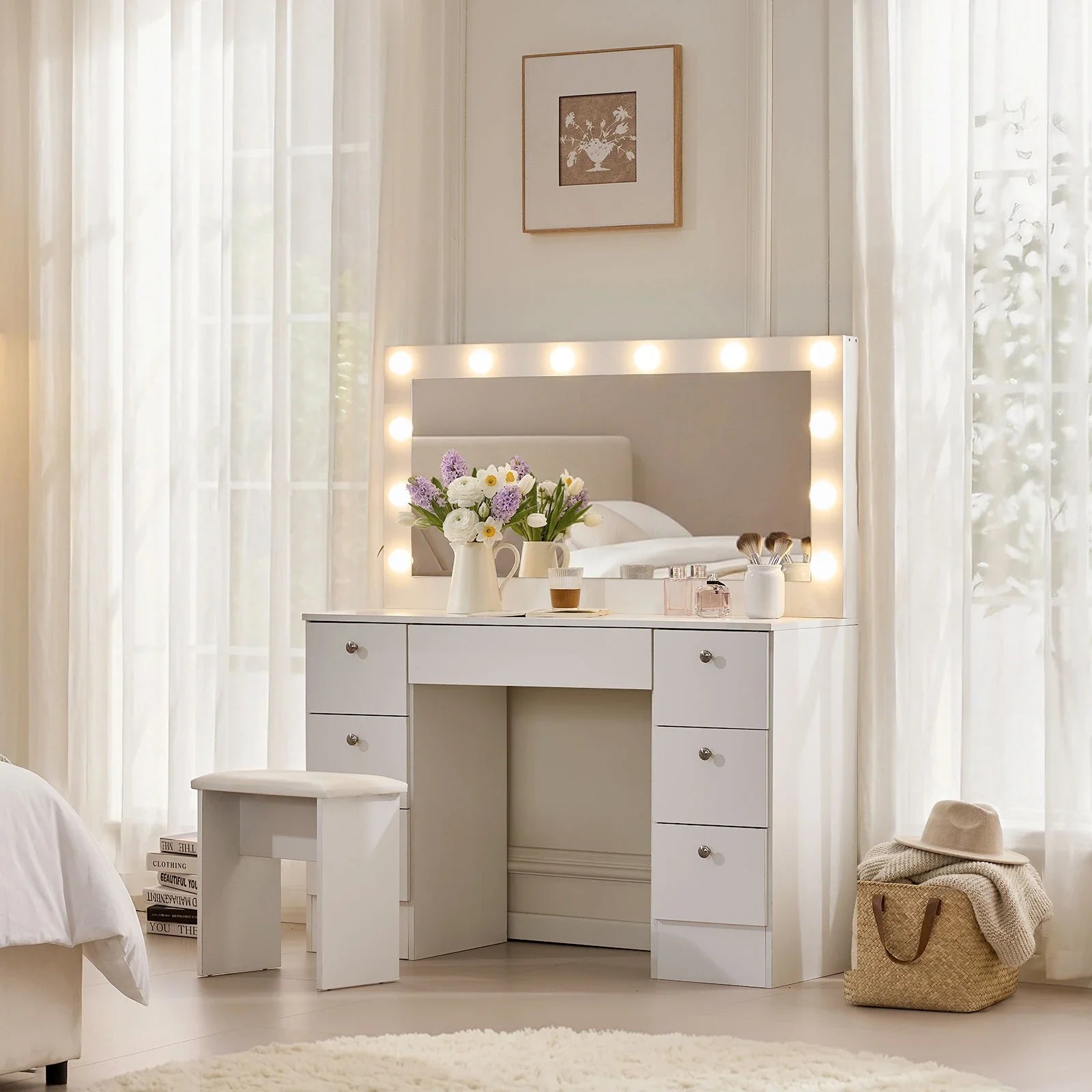 Modena Hollywood Dressing Table Set | 12 LED Bulbs | 7 Drawers | White