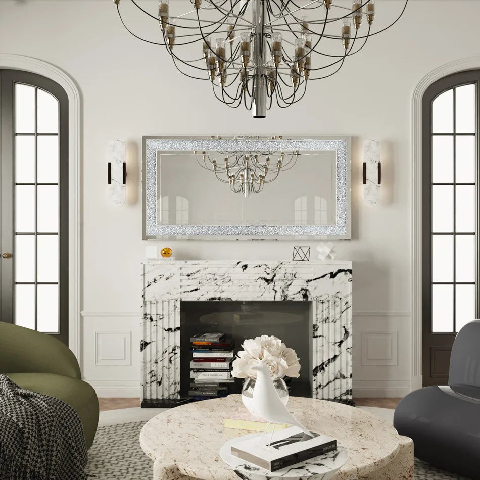 Large Silver Crushed Diamond Wall Mirror, Sparkly Crystal Vanity & Dressing Mirror, 120 x 60 cm