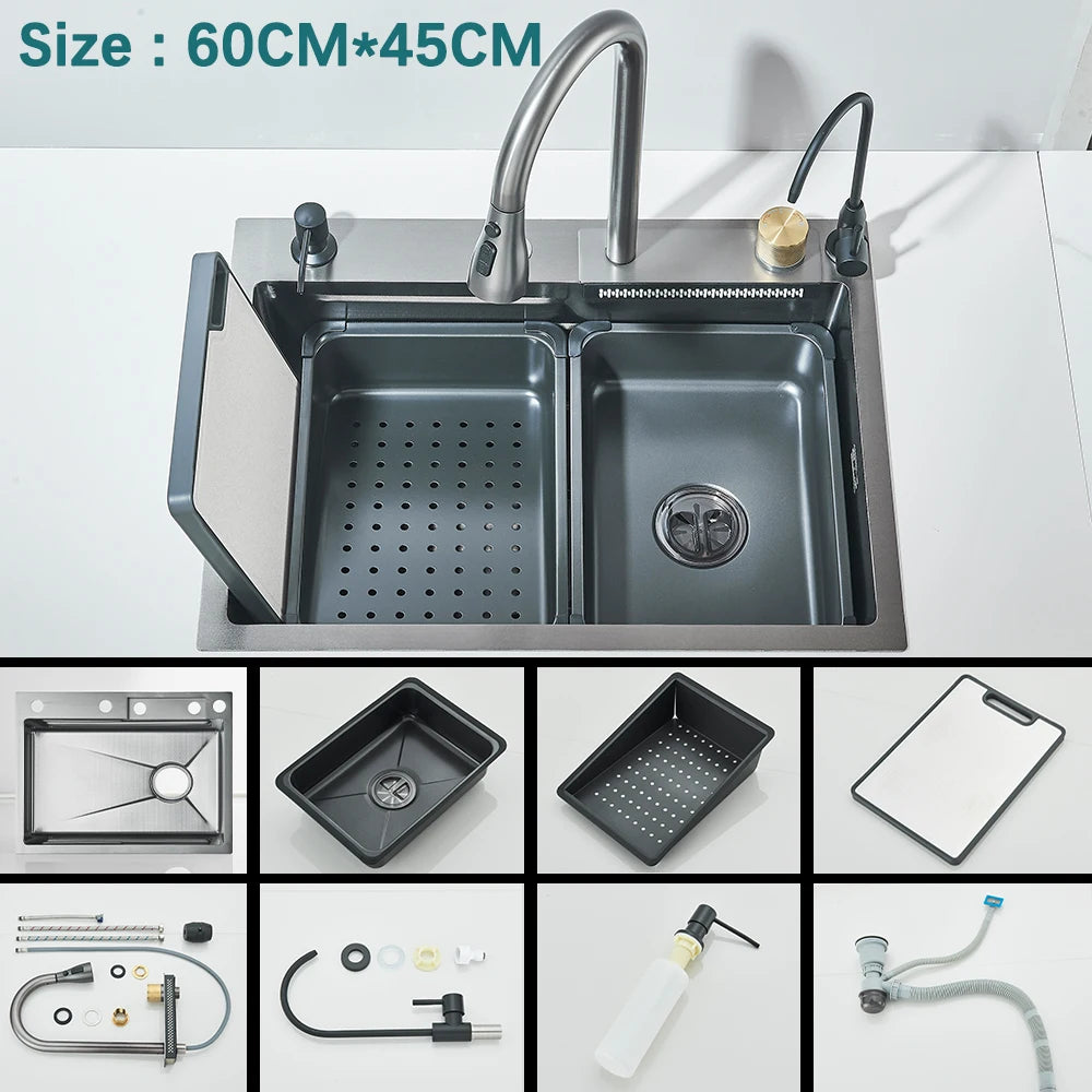 304 Stainless Steel Waterfall Kitchen Sink with Digital Display