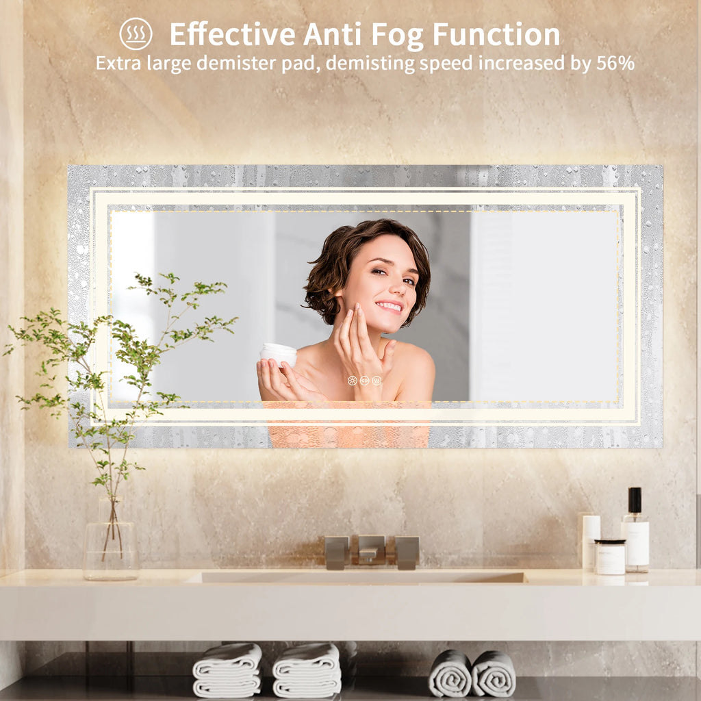 Large Rectangle LED Bathroom Mirror – Dimmable, Anti-Fog, Backlit & Front-Lit
