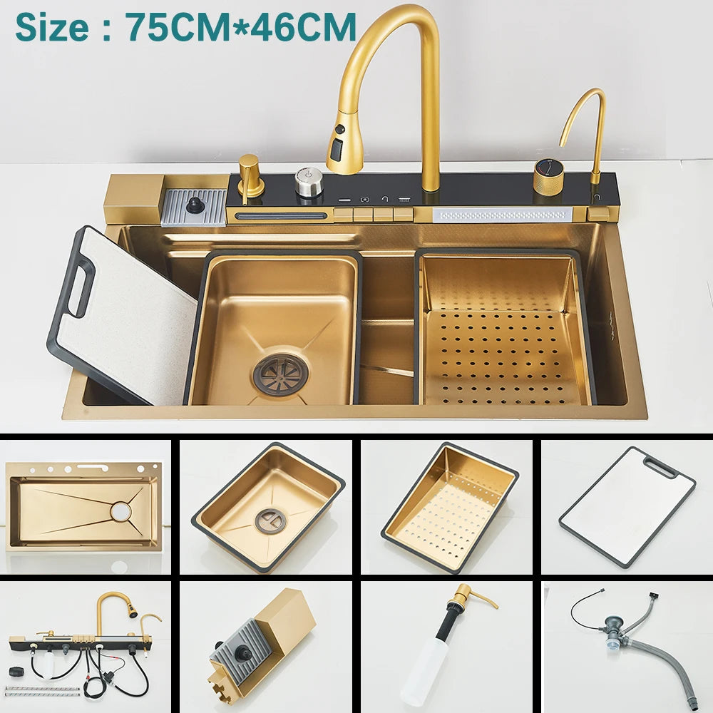 304 Stainless Steel Waterfall Kitchen Sink with Digital Display