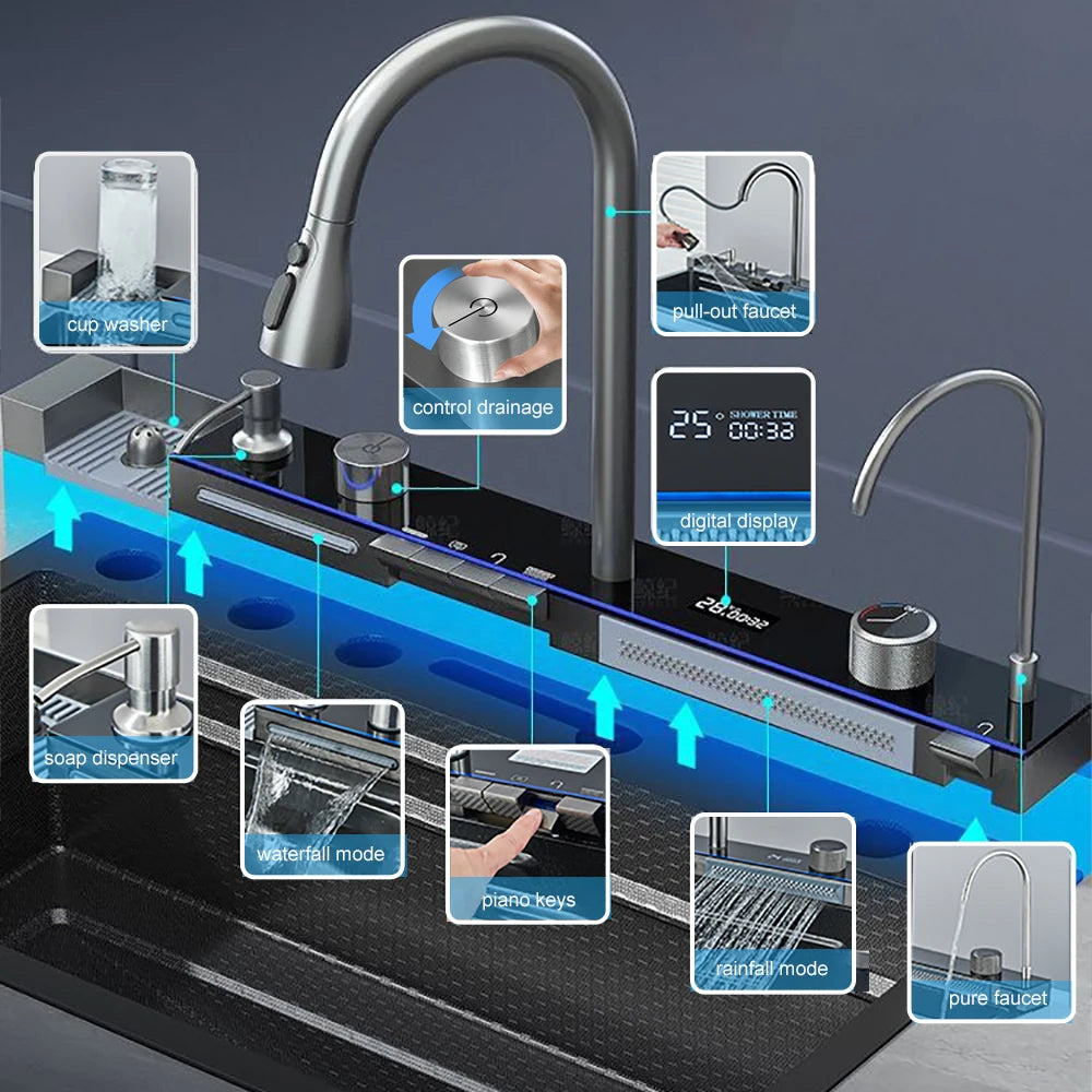 304 Stainless Steel Waterfall Kitchen Sink with Digital Display