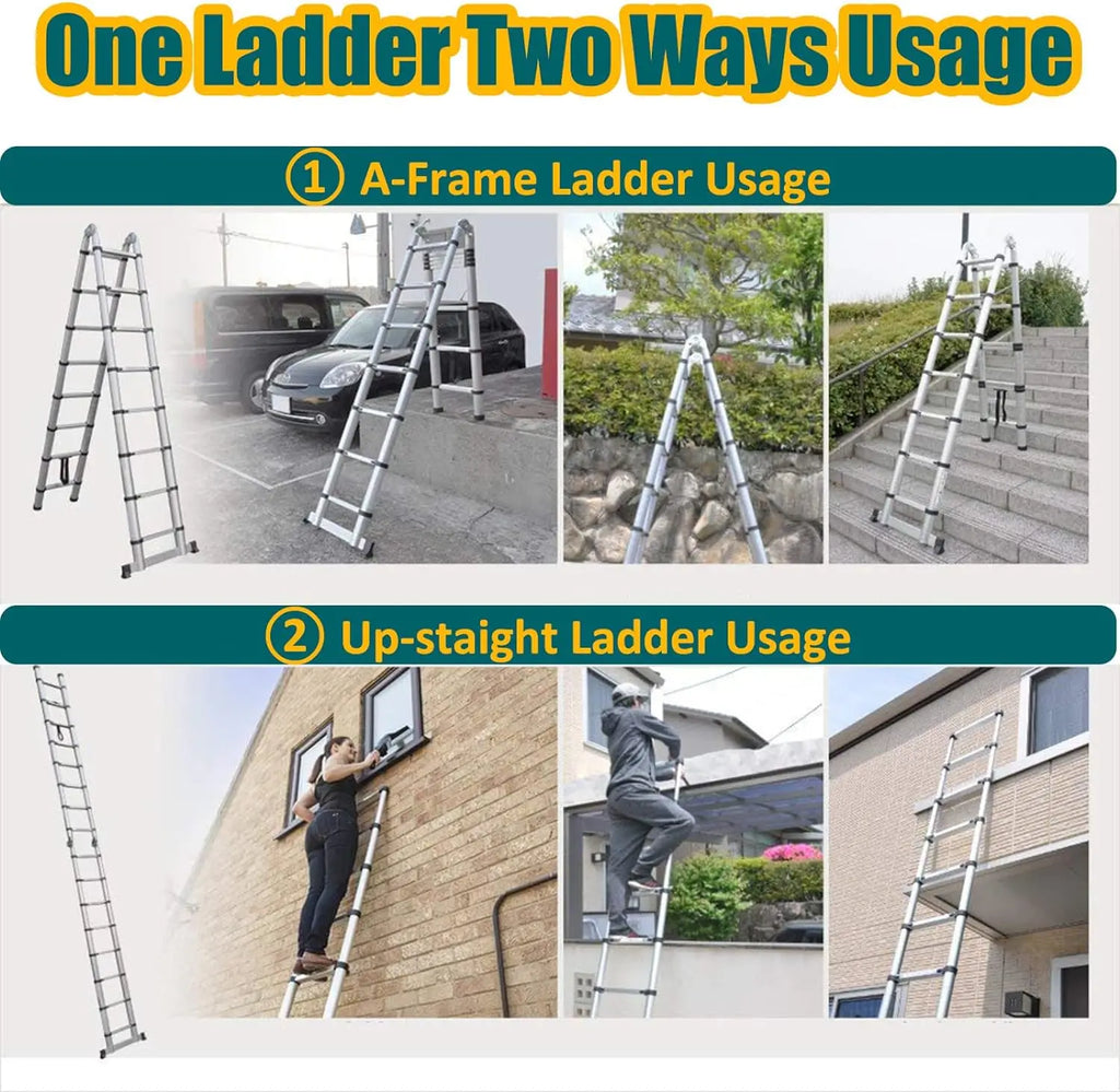 3.8m Aluminium Telescopic Ladder, Multi-Purpose A-Frame & Extension Ladder with Stabiliser Bar, 150kg, EN131