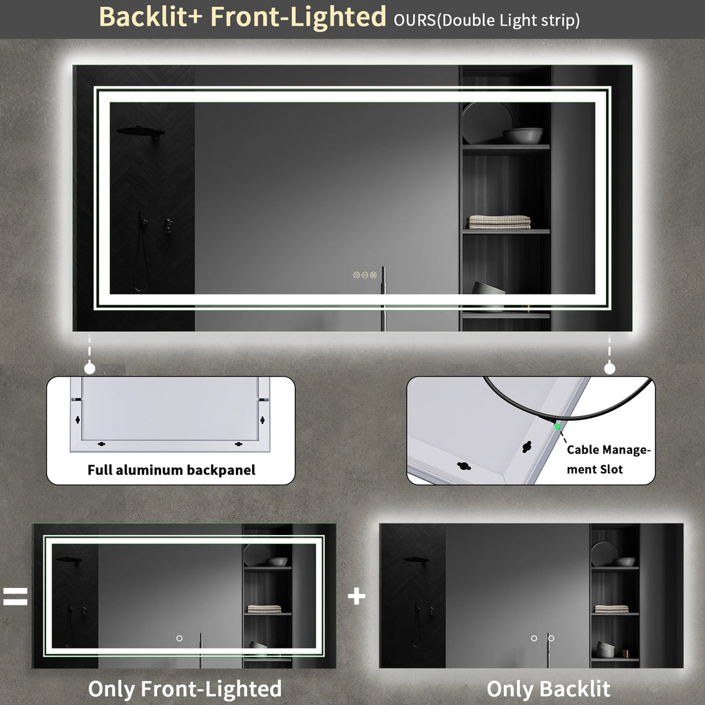 Large Rectangle LED Bathroom Mirror – Dimmable, Anti-Fog, Backlit & Front-Lit