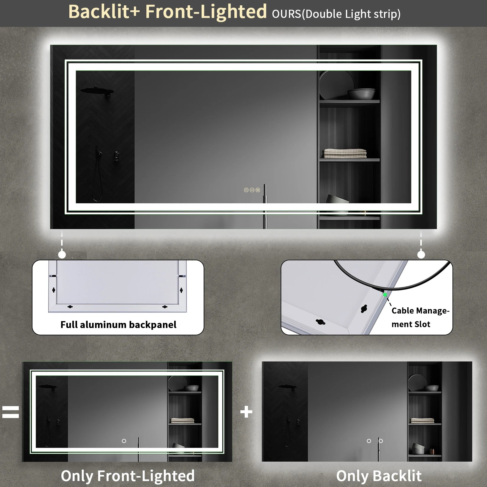 Large Rectangle LED Bathroom Mirror – Dimmable, Anti-Fog, Backlit & Front-Lit