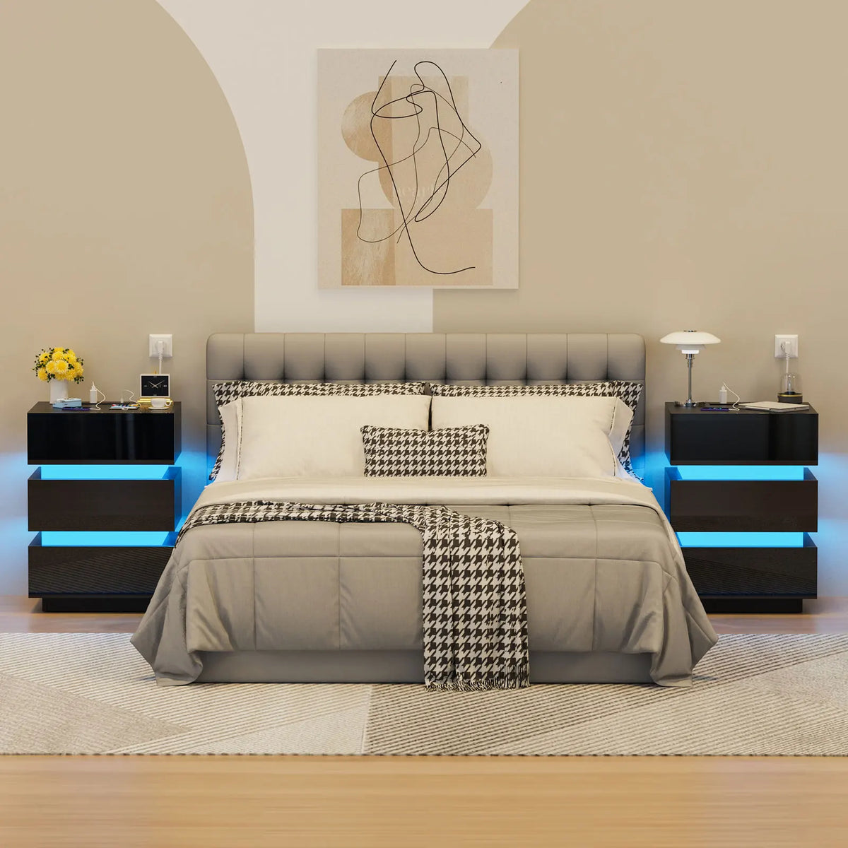 3 Drawer Bedside Table with LED Light & Power Outlets