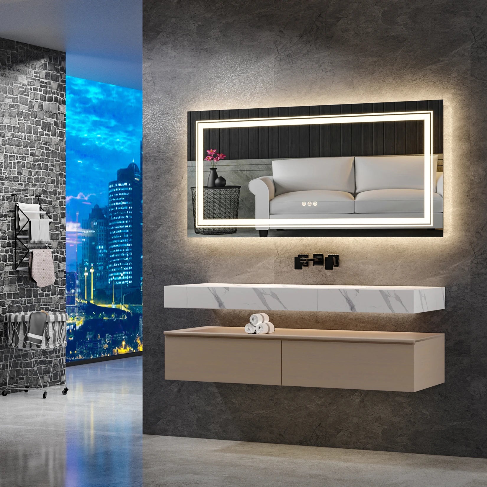 Large Rectangle LED Bathroom Mirror – Dimmable, Anti-Fog, Backlit & Front-Lit