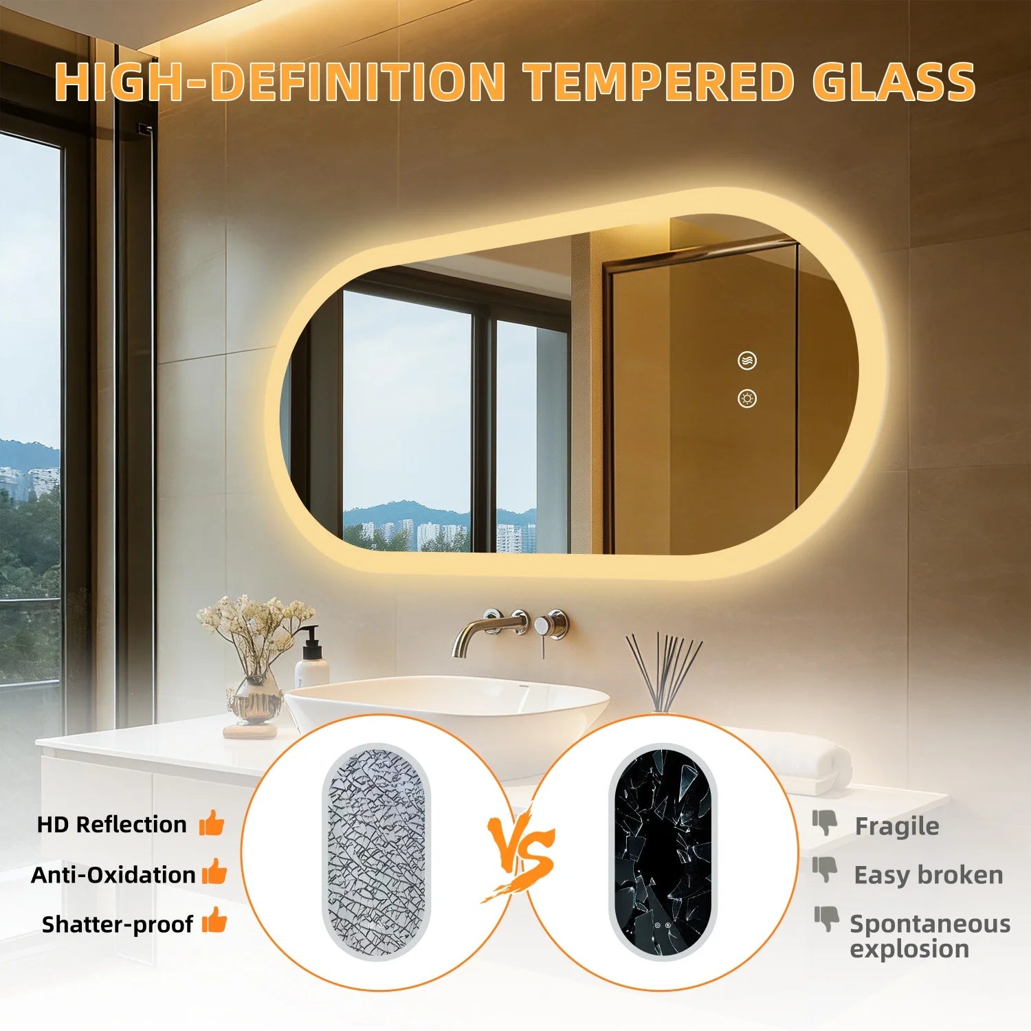 Oval LED Bathroom Mirror – Backlit, Anti-Fog & Touch Sensor | 3 Sizes