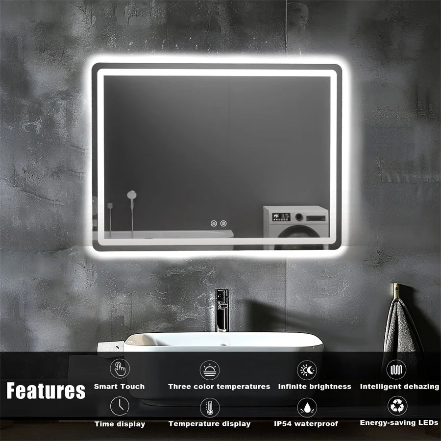 Wall-Mounted LED Bathroom Mirror – IP54 Waterproof, Touch Switch & Dimmable | 3 Sizes