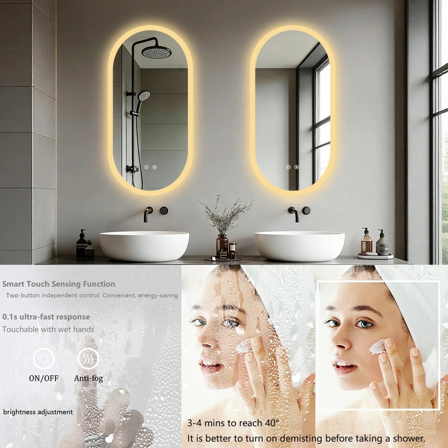 Oval LED Bathroom Mirror – Backlit, Anti-Fog & Touch Sensor | 3 Sizes