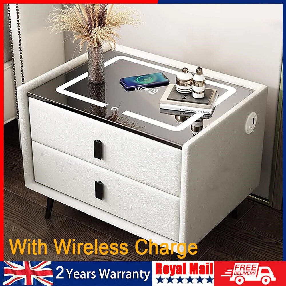 Smart LED Bedside Table with Wireless Charging & 2 Drawers