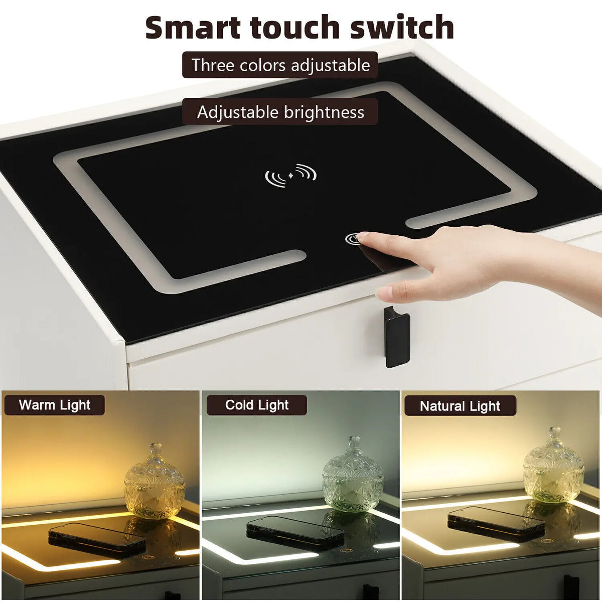 Smart LED Bedside Table with Wireless Charging & 2 Drawers