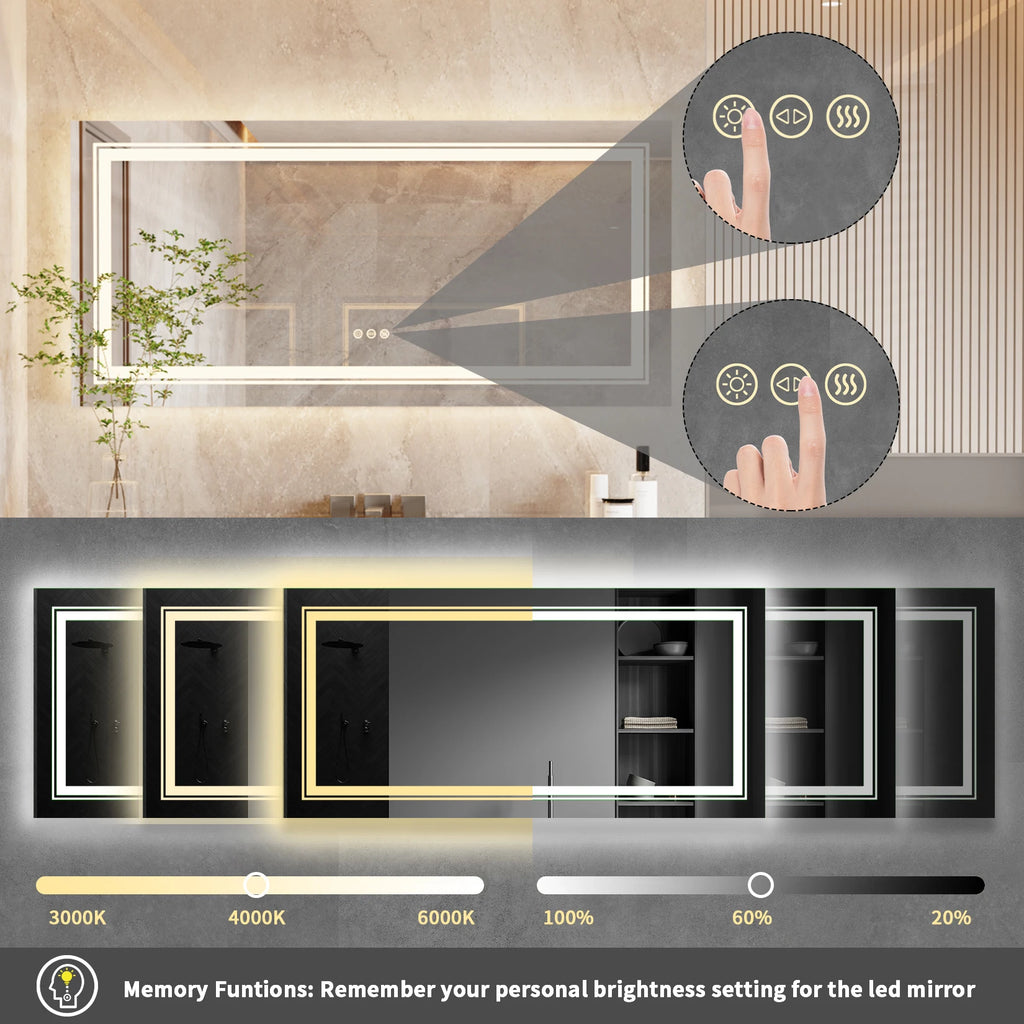 Large Rectangle LED Bathroom Mirror – Dimmable, Anti-Fog, Backlit & Front-Lit