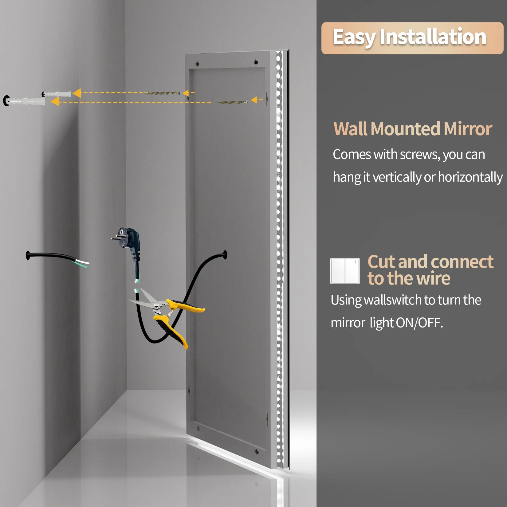 Large Rectangle LED Bathroom Mirror – Dimmable, Anti-Fog, Backlit & Front-Lit