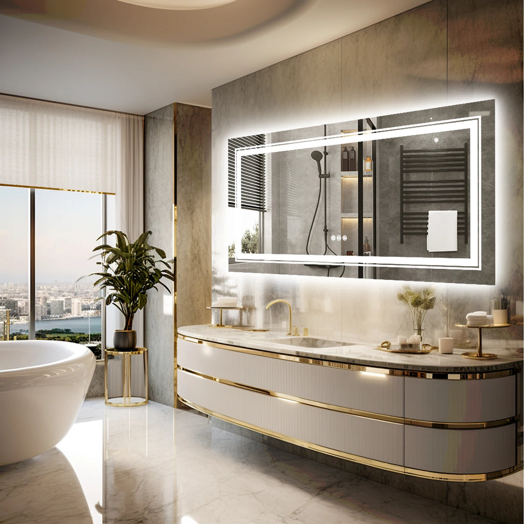 Large Rectangle LED Bathroom Mirror – Dimmable, Anti-Fog, Backlit & Front-Lit